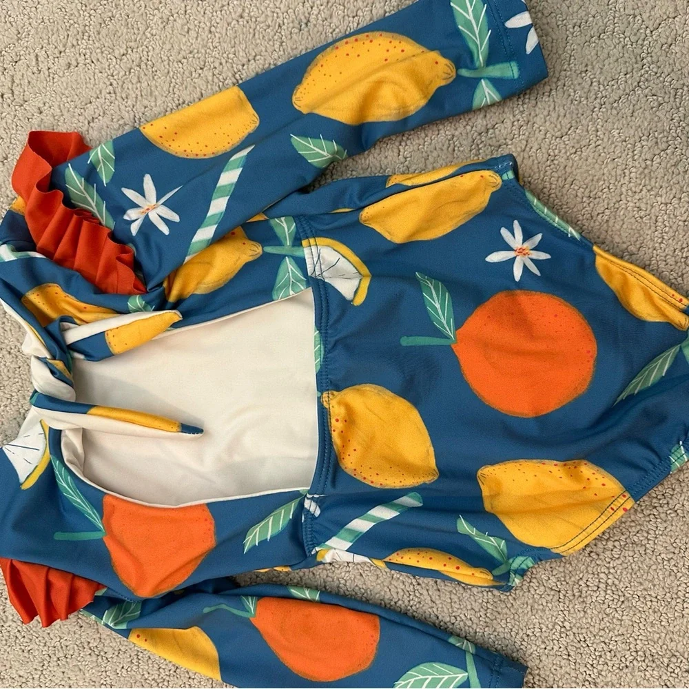 Girls' Blue Lemon Print Long-Sleeve One-Piece Swimsuit